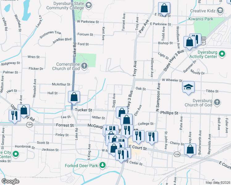 map of restaurants, bars, coffee shops, grocery stores, and more near 615 Vaughn Avenue in Dyersburg