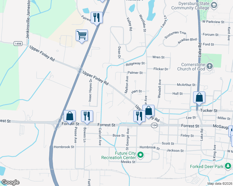 map of restaurants, bars, coffee shops, grocery stores, and more near 1395 Upper Finley Road in Dyersburg