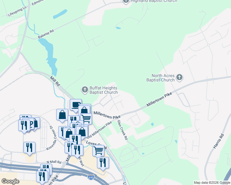 map of restaurants, bars, coffee shops, grocery stores, and more near 2924 Billings Way in Knoxville