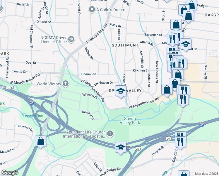 map of restaurants, bars, coffee shops, grocery stores, and more near 812 Daleview Place in Greensboro