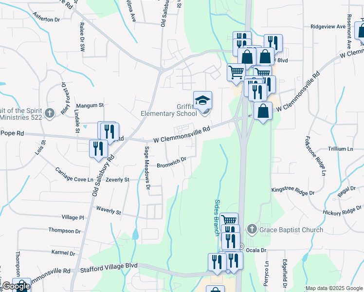 map of restaurants, bars, coffee shops, grocery stores, and more near 3227 Stavanger Court in Winston-Salem