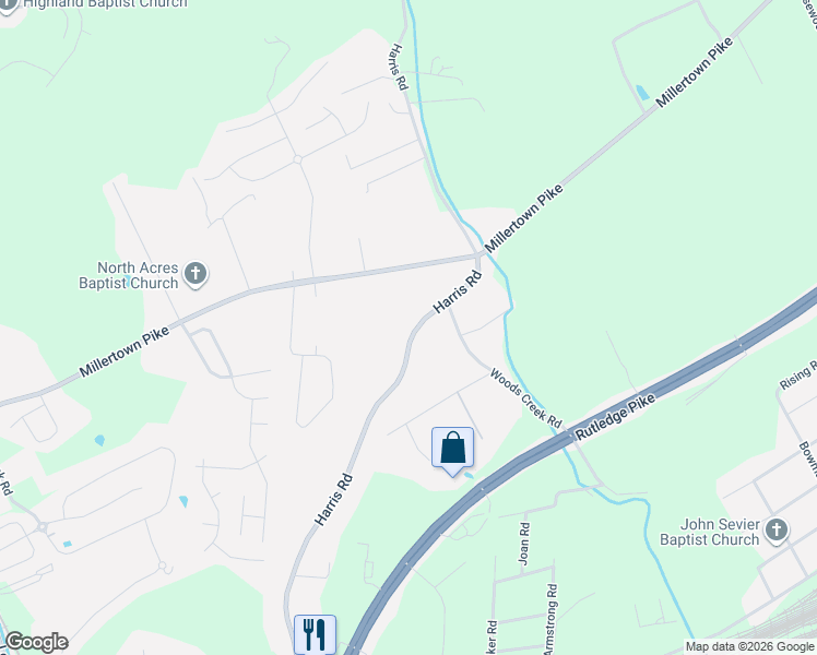 map of restaurants, bars, coffee shops, grocery stores, and more near 2305 Harris Road in Knoxville