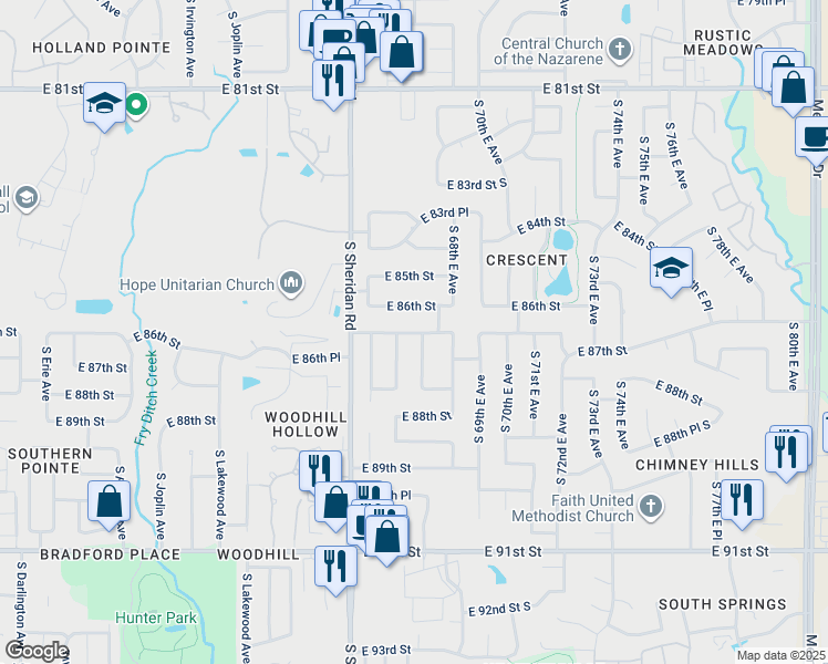 map of restaurants, bars, coffee shops, grocery stores, and more near 6623 East 86th Place in Tulsa