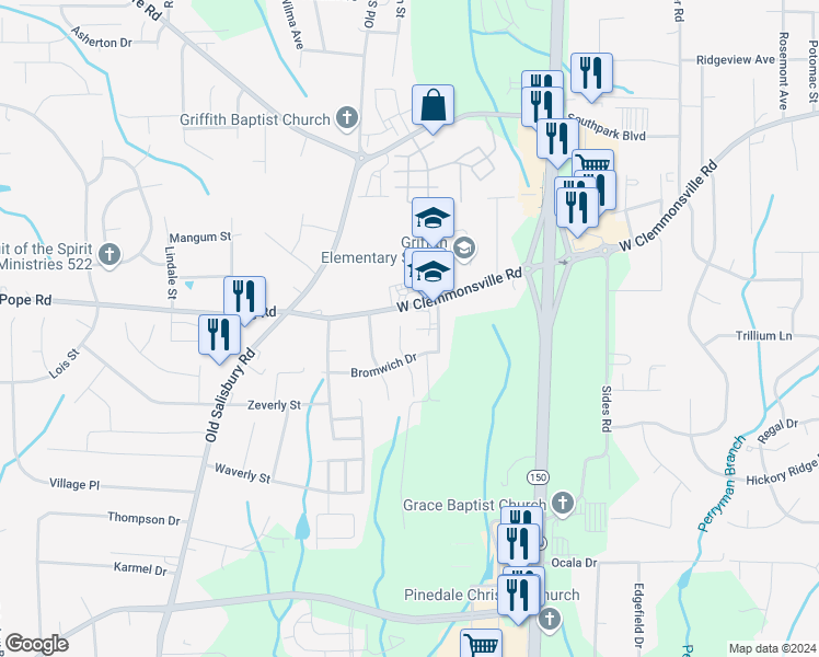 map of restaurants, bars, coffee shops, grocery stores, and more near 3227 Stavanger Court in Winston-Salem