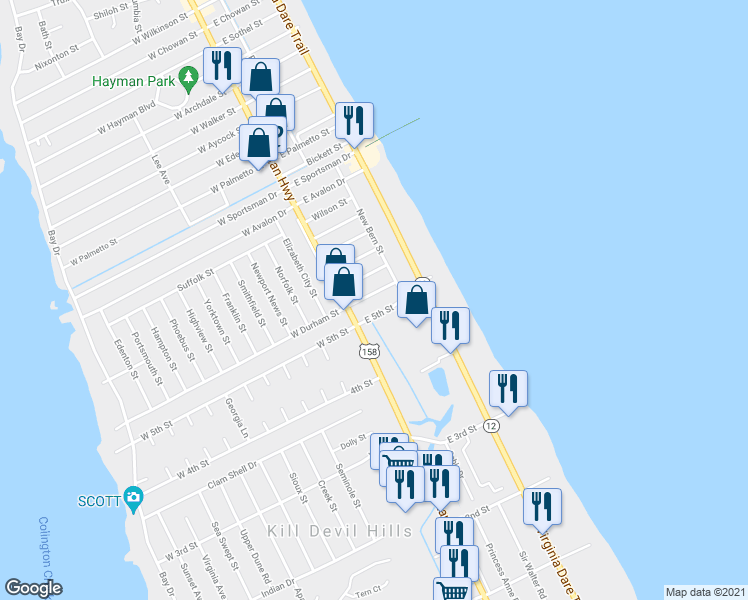 map of restaurants, bars, coffee shops, grocery stores, and more near 111 East Durham Street in Kill Devil Hills