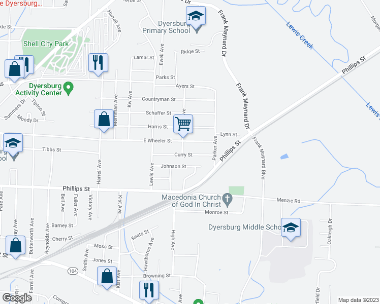 map of restaurants, bars, coffee shops, grocery stores, and more near 1814 Curry Street in Dyersburg