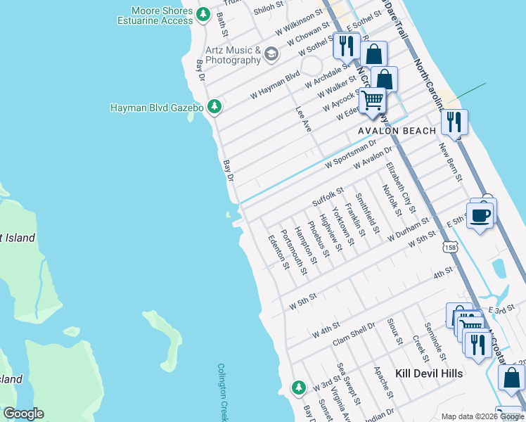 map of restaurants, bars, coffee shops, grocery stores, and more near 1006 West Avalon Drive in Kill Devil Hills