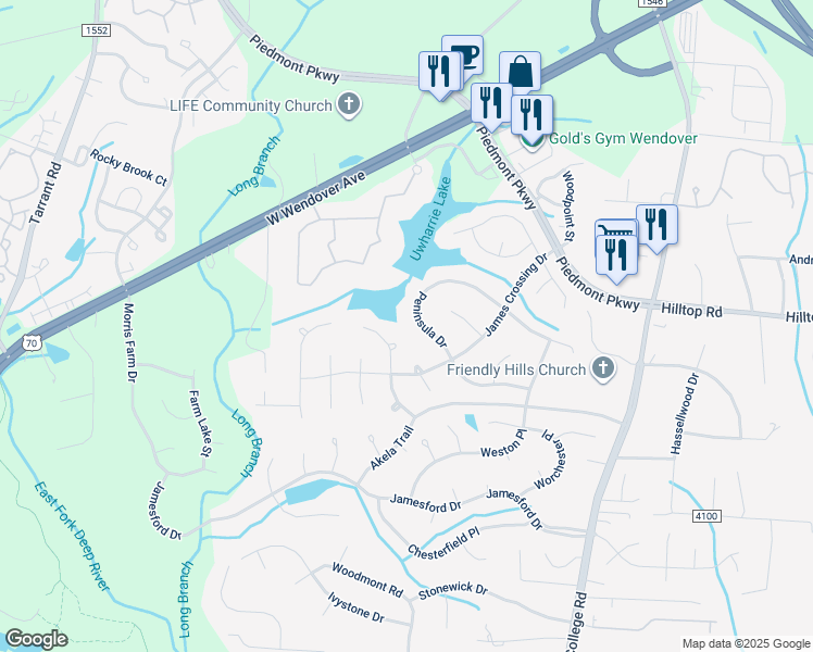 map of restaurants, bars, coffee shops, grocery stores, and more near 3115 Peninsula Drive in Jamestown