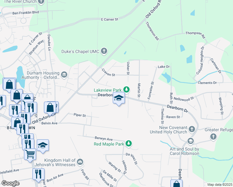 map of restaurants, bars, coffee shops, grocery stores, and more near 3516 Dearborn Drive in Durham