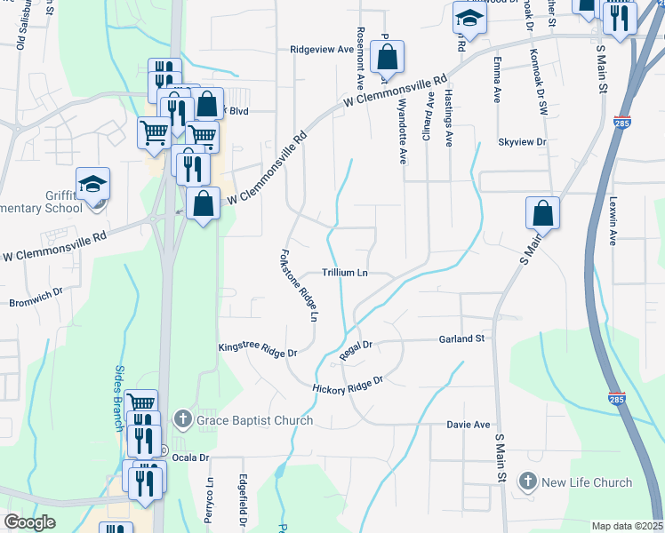 map of restaurants, bars, coffee shops, grocery stores, and more near 843 Trillium Lane in Winston-Salem