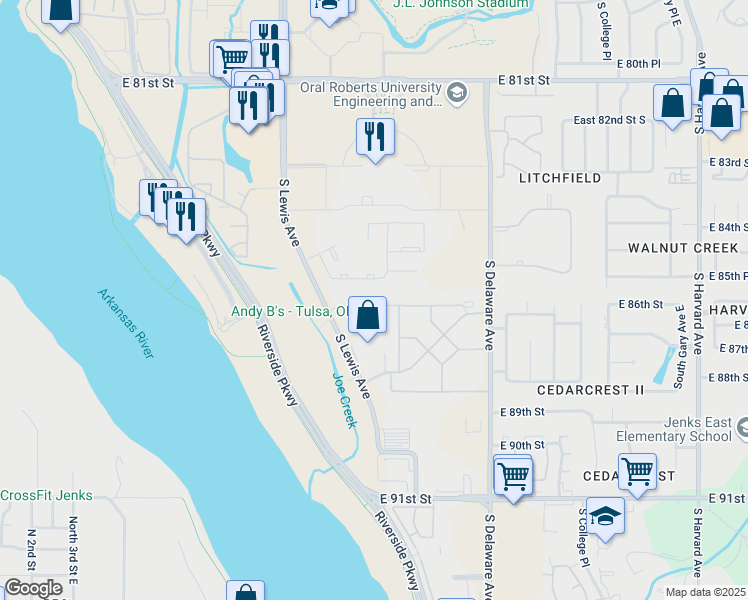 map of restaurants, bars, coffee shops, grocery stores, and more near 2421 East 87th Street in Tulsa