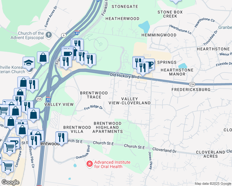 map of restaurants, bars, coffee shops, grocery stores, and more near 5638 Oakes Drive in Brentwood