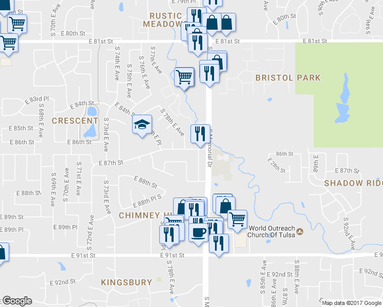 map of restaurants, bars, coffee shops, grocery stores, and more near 7918 East 87th Street in Tulsa