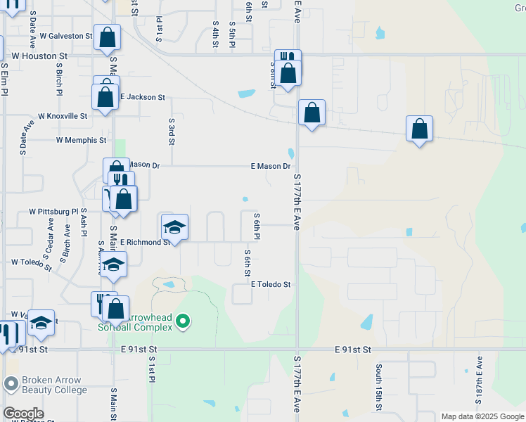map of restaurants, bars, coffee shops, grocery stores, and more near 1617 South 6th Place in Broken Arrow