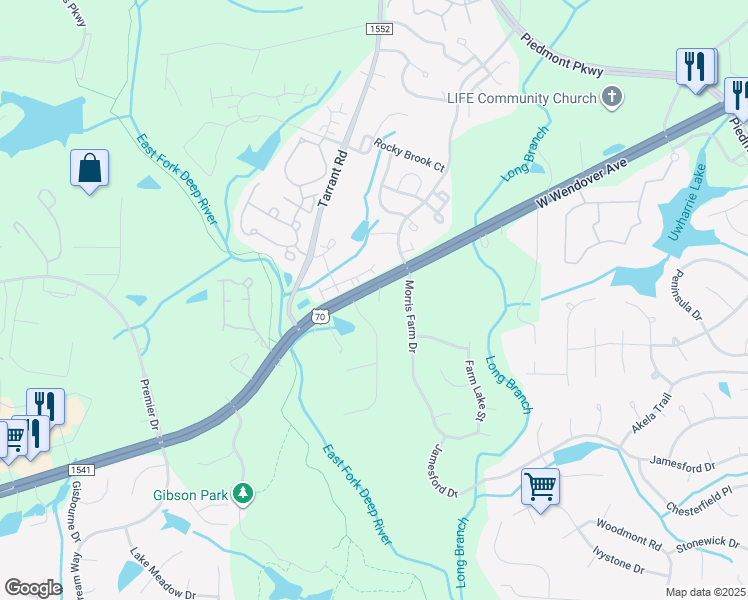 map of restaurants, bars, coffee shops, grocery stores, and more near 5117 State Road 1541 in Jamestown