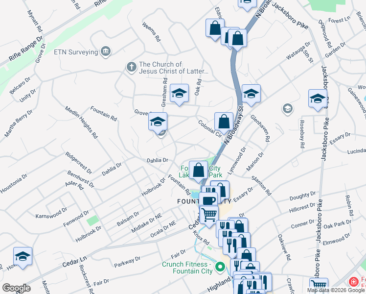 map of restaurants, bars, coffee shops, grocery stores, and more near 500 Hotel Road in Knoxville