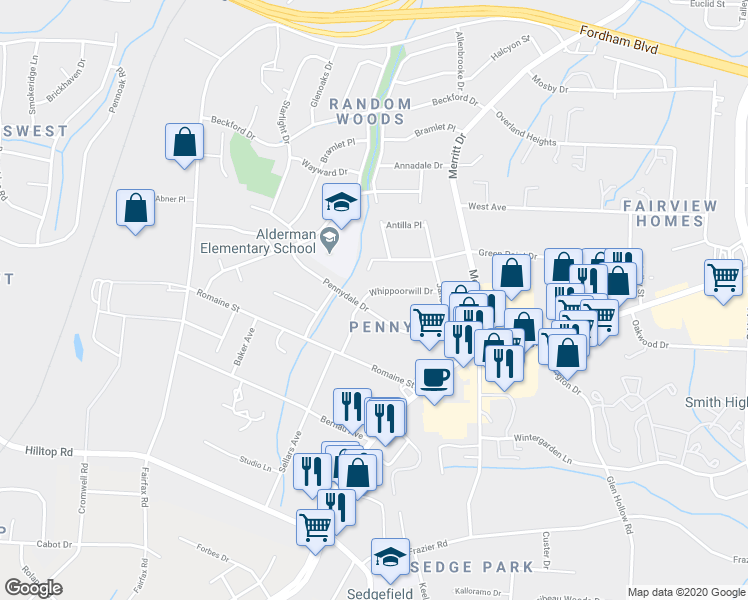map of restaurants, bars, coffee shops, grocery stores, and more near 4221 Whippoorwill Drive in Greensboro