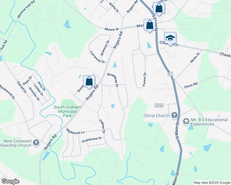 map of restaurants, bars, coffee shops, grocery stores, and more near 1611 Broadway Drive in Graham