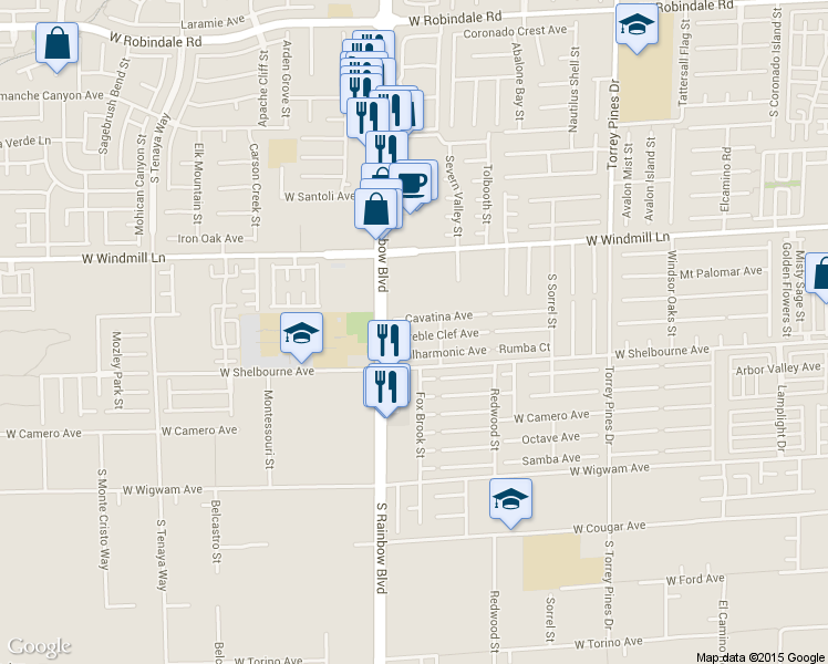 map of restaurants, bars, coffee shops, grocery stores, and more near 6847 Cavatina Avenue in Las Vegas