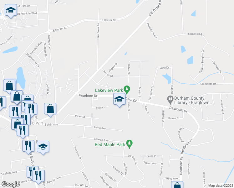 map of restaurants, bars, coffee shops, grocery stores, and more near 3516 Dearborn Drive in Durham