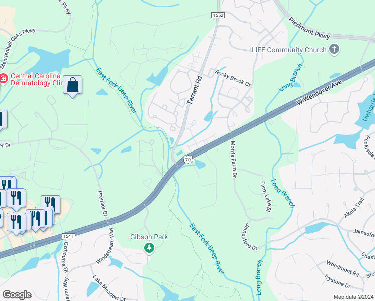map of restaurants, bars, coffee shops, grocery stores, and more near 4290 Cedarcroft Court in Greensboro