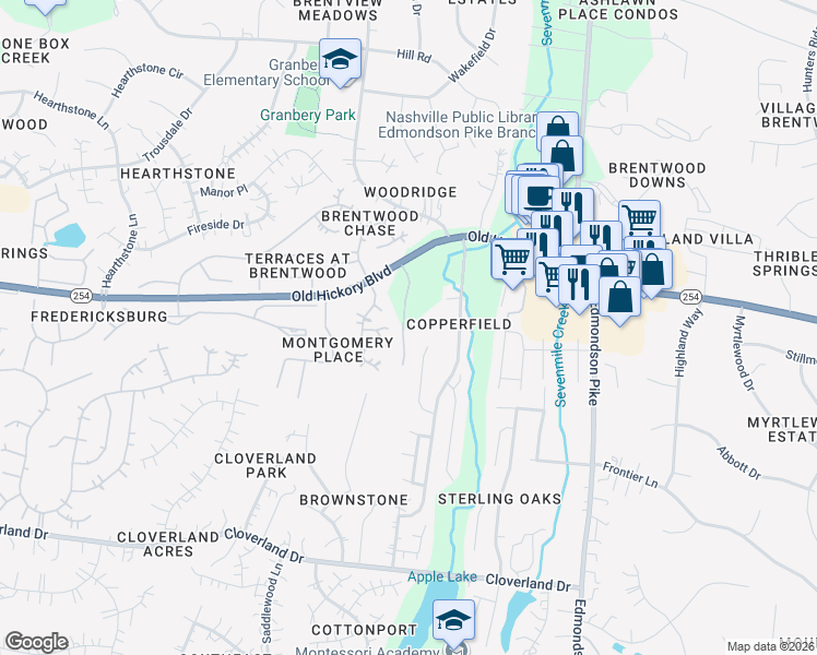map of restaurants, bars, coffee shops, grocery stores, and more near 527 Old Hickory Boulevard in Brentwood