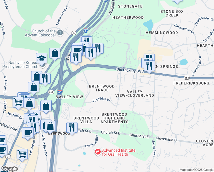 map of restaurants, bars, coffee shops, grocery stores, and more near 5777 Brentwood Trace in Brentwood