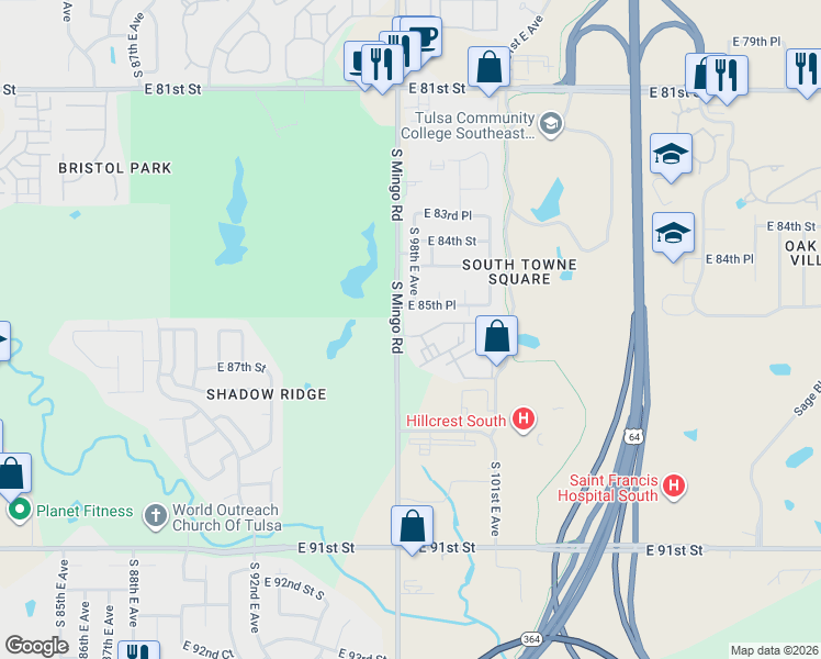map of restaurants, bars, coffee shops, grocery stores, and more near 8601 South Mingo Road in Tulsa