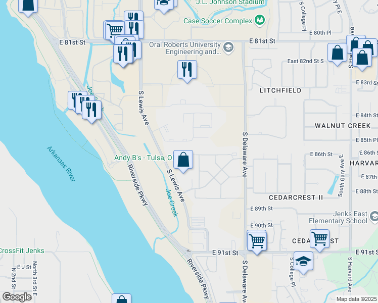 map of restaurants, bars, coffee shops, grocery stores, and more near 2423 East 87th Street in Tulsa