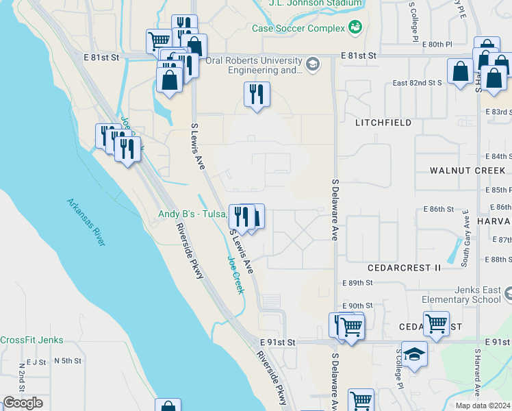 map of restaurants, bars, coffee shops, grocery stores, and more near 2423 East 87th Street in Tulsa