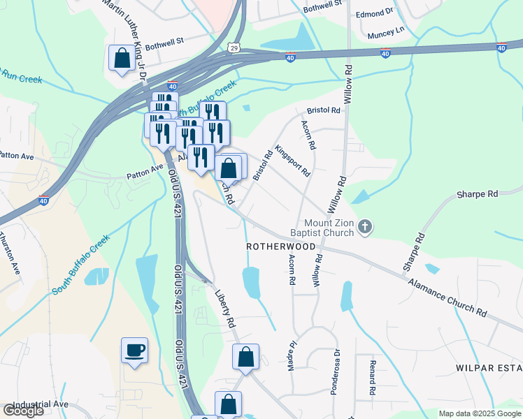 map of restaurants, bars, coffee shops, grocery stores, and more near 1109 Alamance Church Road in Greensboro