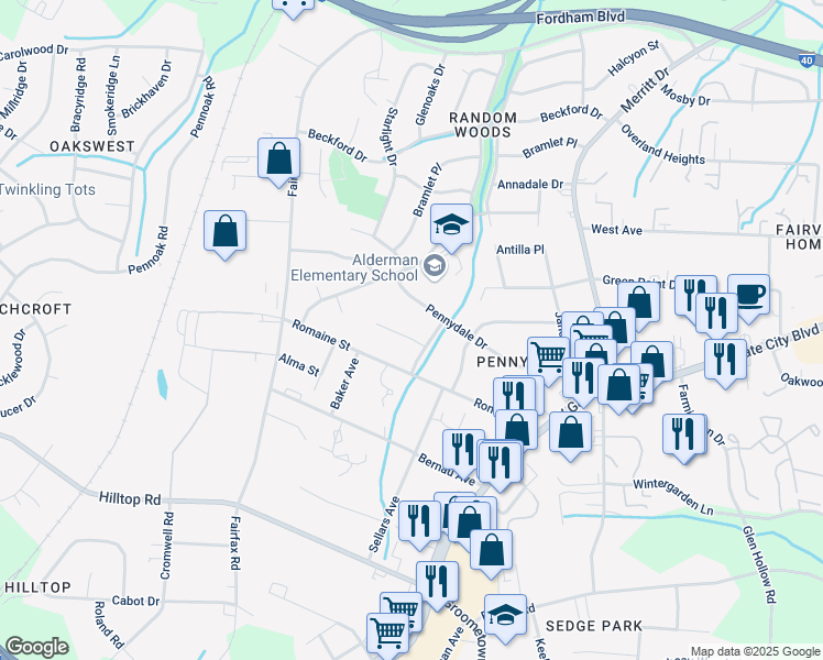 map of restaurants, bars, coffee shops, grocery stores, and more near 8 Periwinkle Court in Greensboro