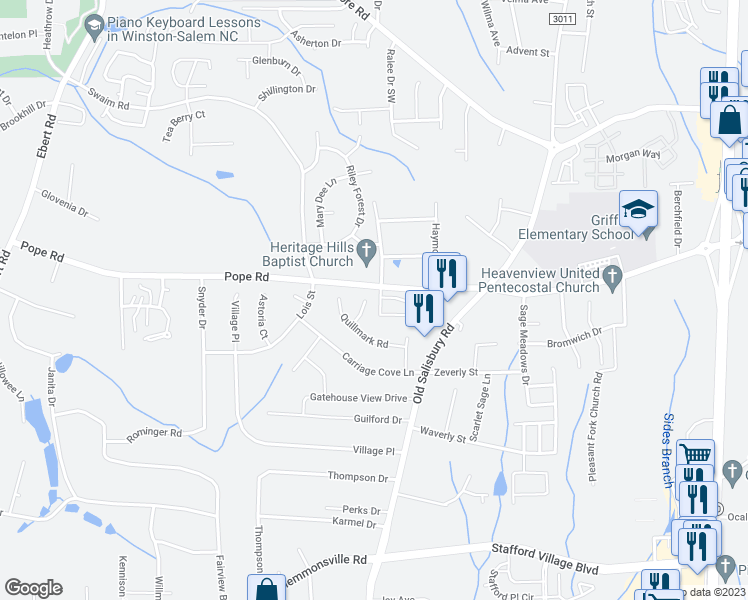 map of restaurants, bars, coffee shops, grocery stores, and more near 3921 Quillmark Court in Winston-Salem