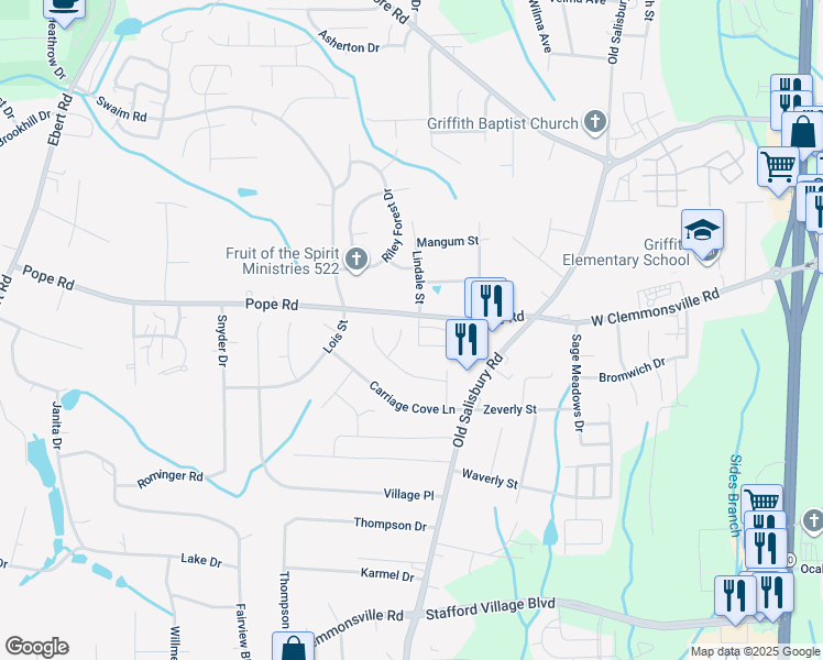 map of restaurants, bars, coffee shops, grocery stores, and more near 3921 Quillmark Court in Winston-Salem