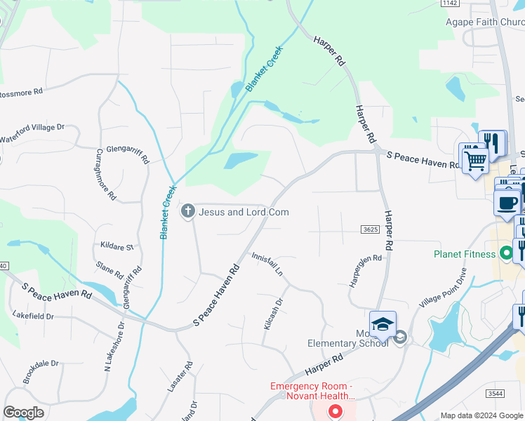 map of restaurants, bars, coffee shops, grocery stores, and more near 3568 Burnley Drive in Clemmons