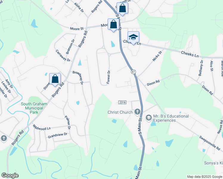 map of restaurants, bars, coffee shops, grocery stores, and more near 309 Forest Drive in Graham