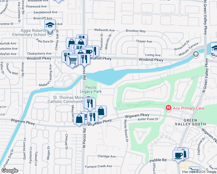 map of restaurants, bars, coffee shops, grocery stores, and more near 2506 Hacker Drive in Henderson