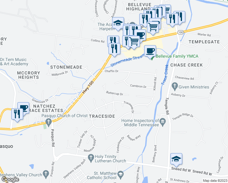 map of restaurants, bars, coffee shops, grocery stores, and more near 6536 Buttercup Drive in Nashville