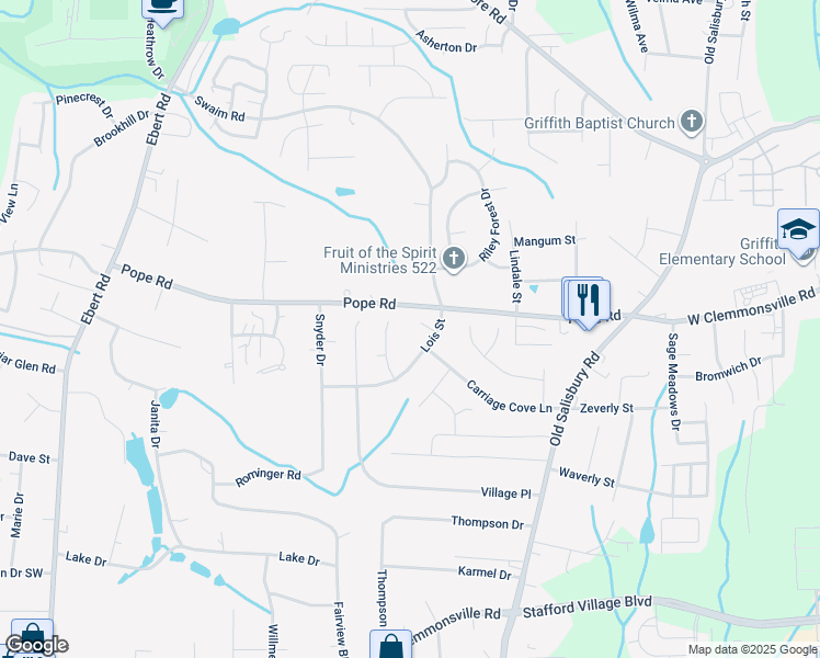 map of restaurants, bars, coffee shops, grocery stores, and more near 1805 Lois Court in Winston-Salem