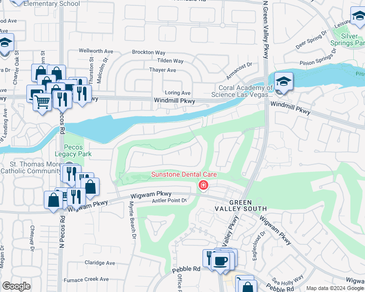 map of restaurants, bars, coffee shops, grocery stores, and more near 2448 Ram Crossing Way in Henderson