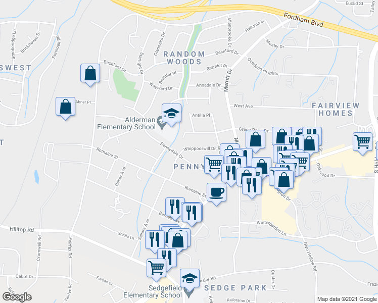 map of restaurants, bars, coffee shops, grocery stores, and more near 4219 Whippoorwill Drive in Greensboro