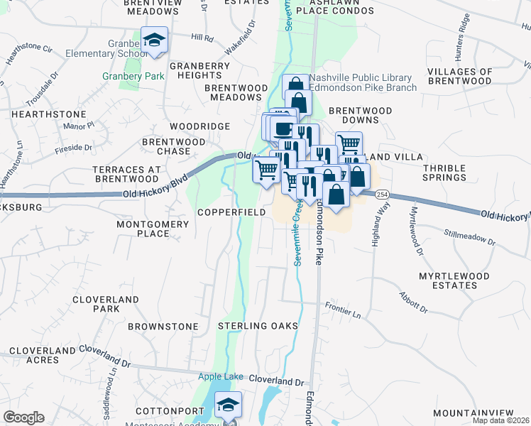 map of restaurants, bars, coffee shops, grocery stores, and more near 442 Lazy Creek Lane in Nashville