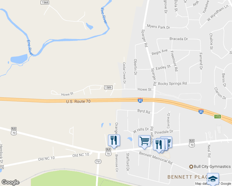 map of restaurants, bars, coffee shops, grocery stores, and more near 4913 Howe Street in Durham