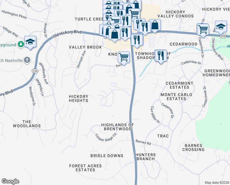 map of restaurants, bars, coffee shops, grocery stores, and more near 111 Shadow Glen Drive in Nashville