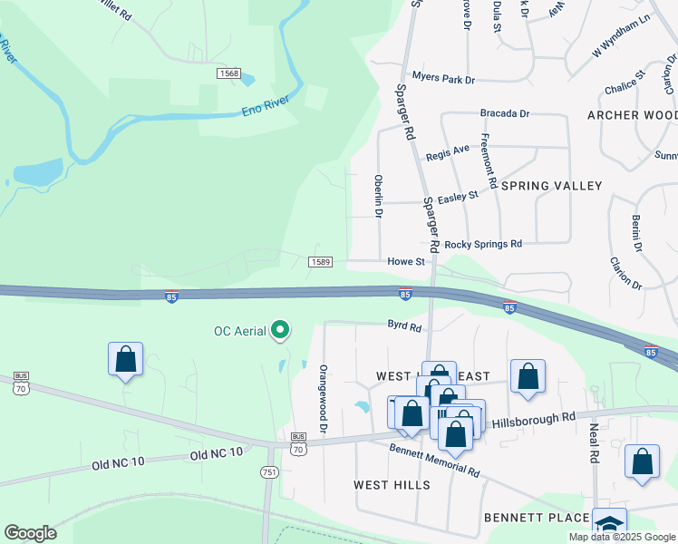 map of restaurants, bars, coffee shops, grocery stores, and more near 4913 Howe Street in Durham