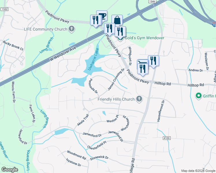 map of restaurants, bars, coffee shops, grocery stores, and more near 4625 James Crossing Drive in Jamestown