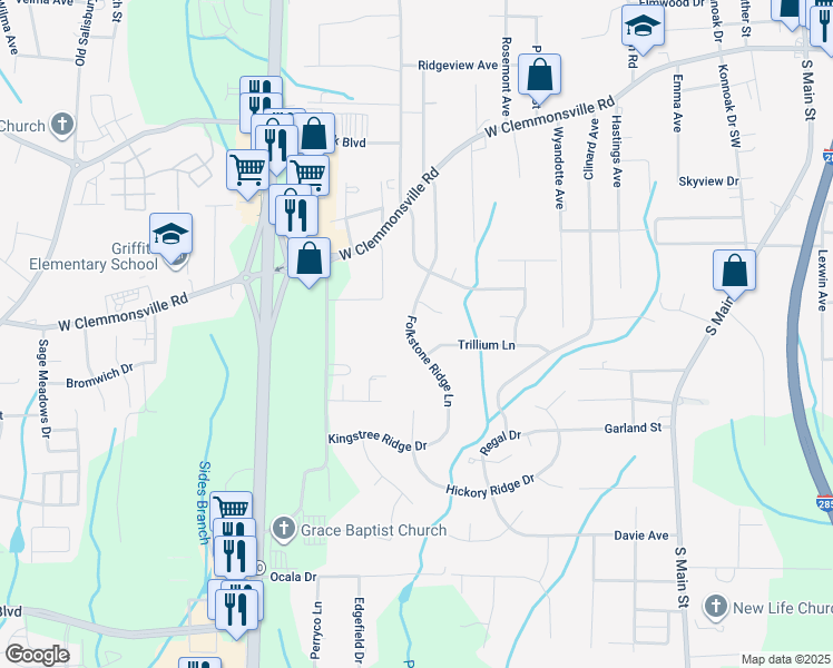 map of restaurants, bars, coffee shops, grocery stores, and more near 1222 Folkstone Ridge Lane in Winston-Salem