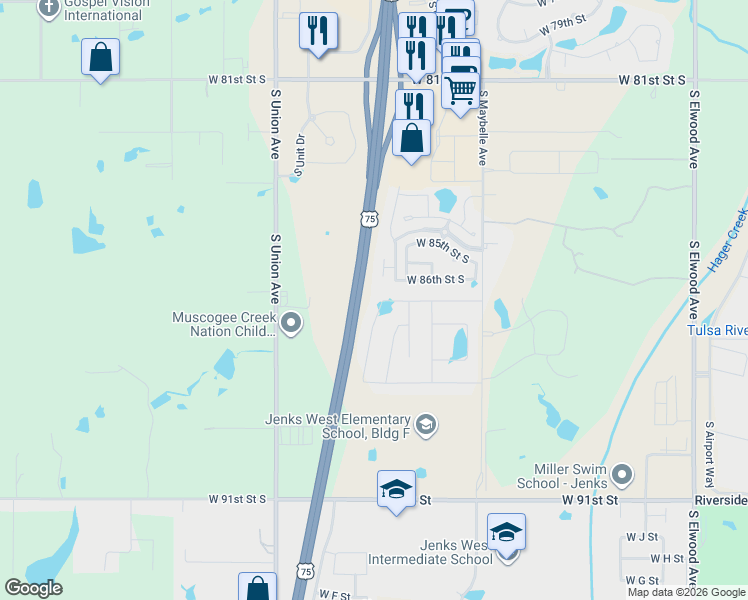 map of restaurants, bars, coffee shops, grocery stores, and more near 8620 South Quanah Avenue in Tulsa