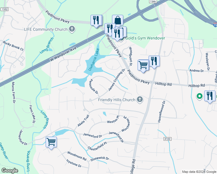 map of restaurants, bars, coffee shops, grocery stores, and more near 4625 James Crossing Drive in Jamestown