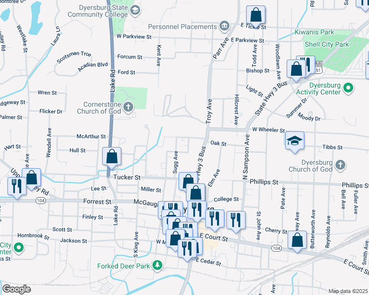 map of restaurants, bars, coffee shops, grocery stores, and more near 615 Vaughn Avenue in Dyersburg